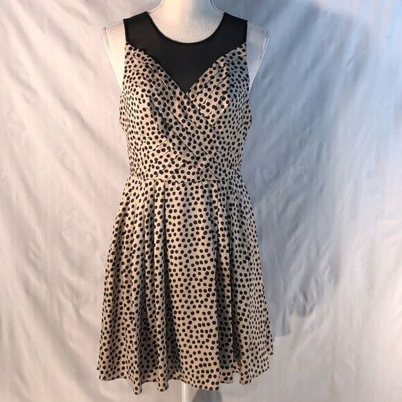 BCBGENERATION Tan Sleeveless Fit and Flare with Black Polka  Dots Dress 4 - Picture 1 of 13